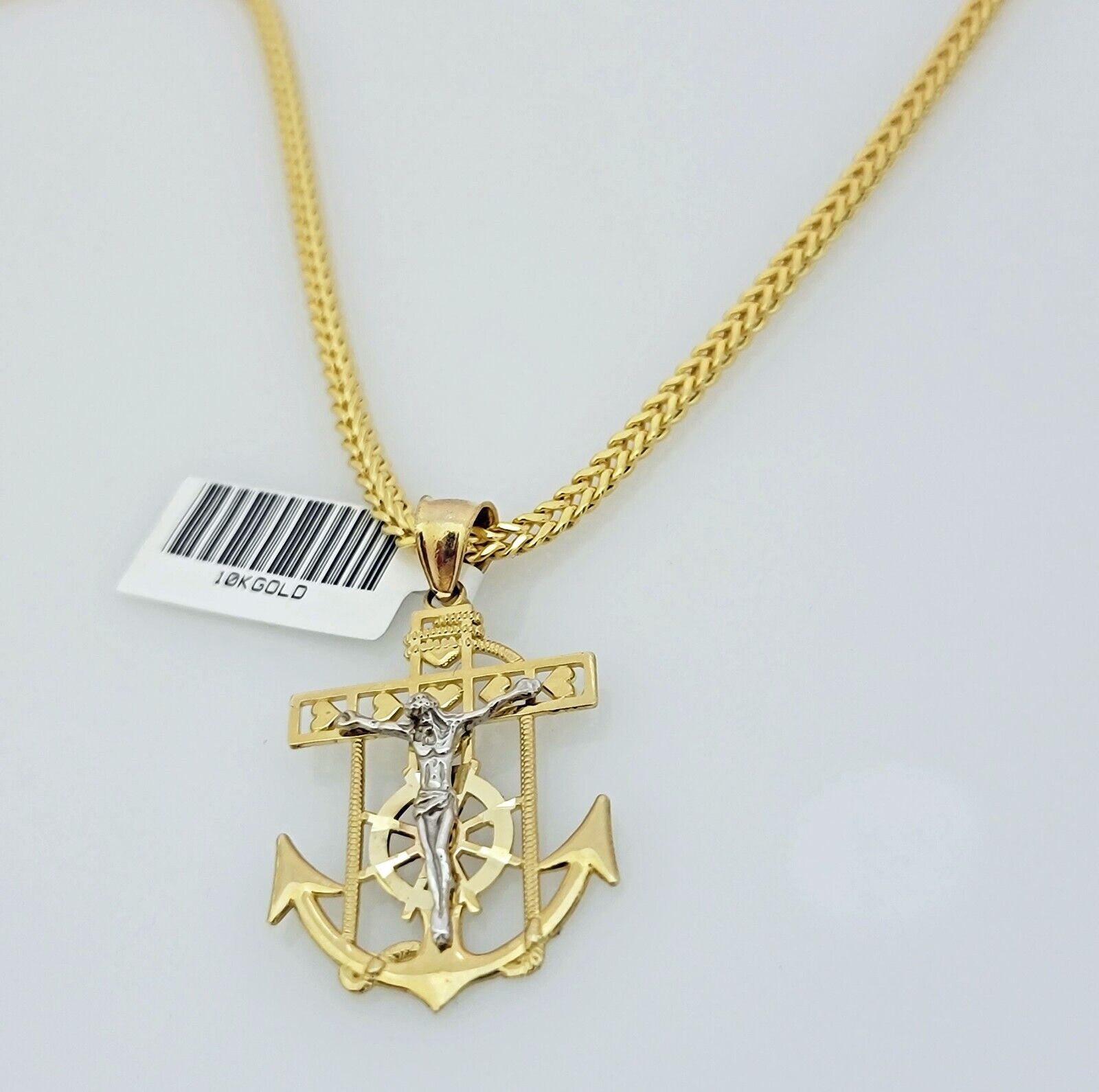 Real 10k Gold Franco Chain Anchor Cross Charm pendant Set 2.5mm Necklace 22 Inch